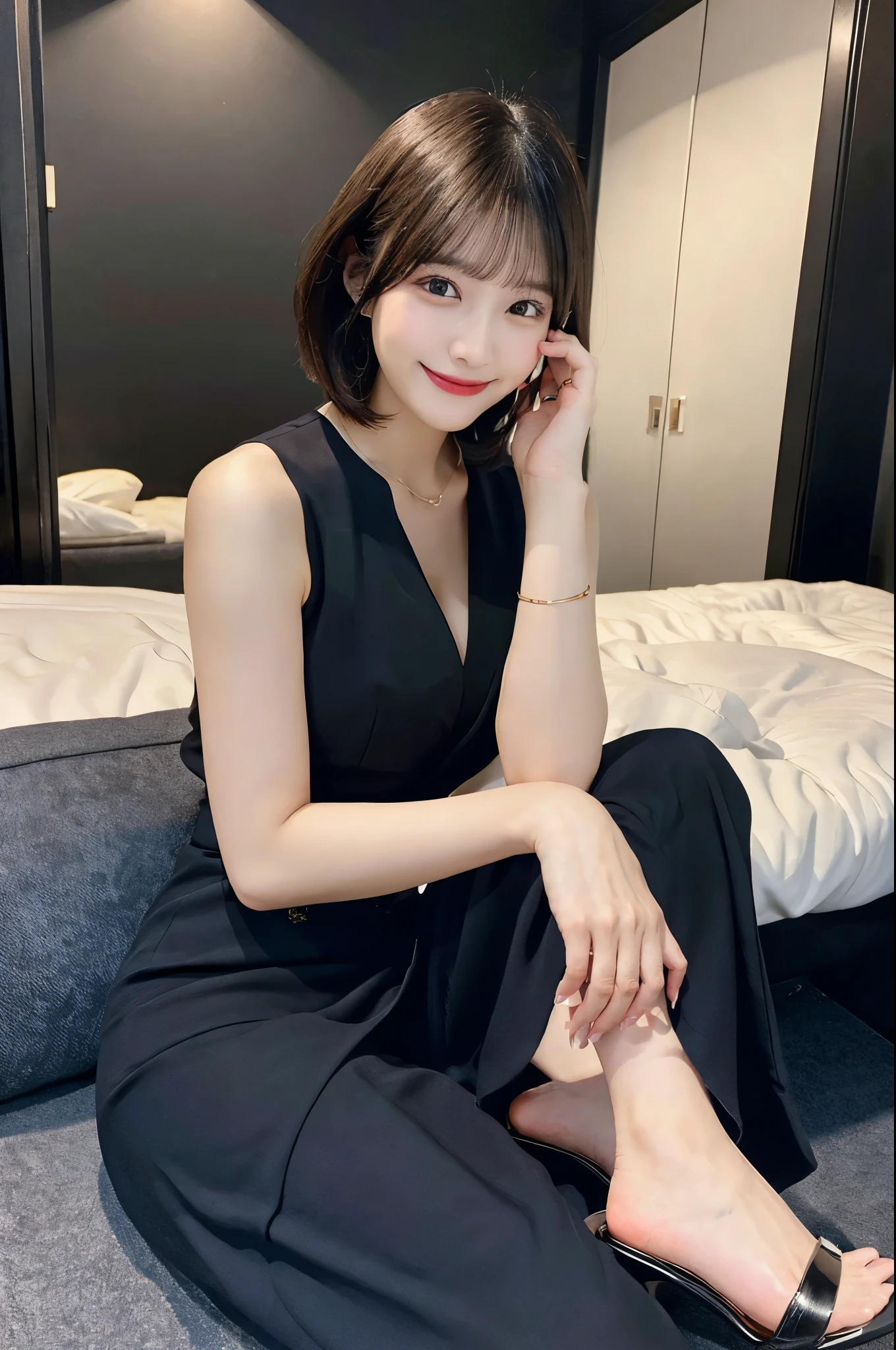 night景、night、Office、Very short hair、Check suit、mini skirt、Cleavage(Very large breasts、Very thin and long legs、Perfect figure、High heels、whole body、smile)、1 female、Double eyelids、No makeup、24-years-old、(masterpiece、8K,RAW Photos、High resolution:1.4)
