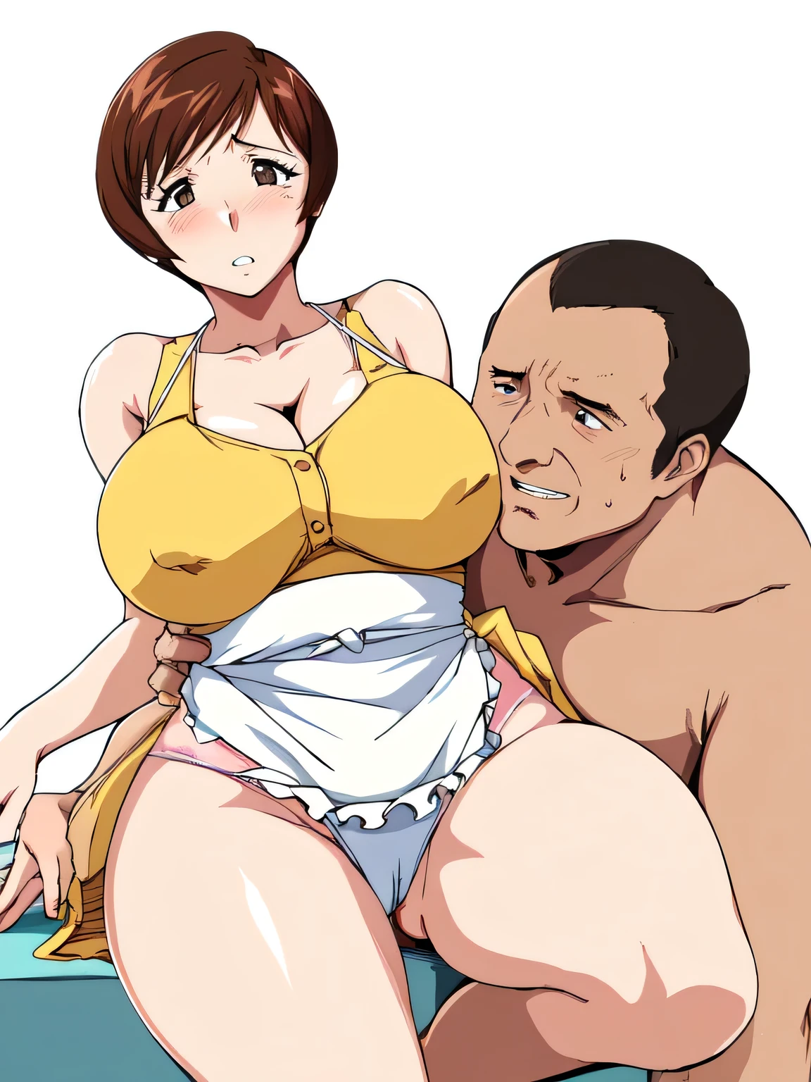 masterpiece, highest quality, High resolution, 1girl, 1boy, The man is obese and has a shaved head., Men are naked, ((((Sexual intercourse, porn image, hard porn, hetero)))), short hair, etsukoto, Detailed eyes, Detailed eyes, (((thick thighs, plamp thighs, voluptuous thighs, ample thighs))), Big and ample breasts, cleavage, Huge long breasts, Naughty big,((Big breasts are important))、((Naughty thighs)), L Cup, (thin:1.4),(Thin waist:1.4),  (Perfect beautiful yellow dress:1.4), ((White waist apron)), Embarrassed look, look away, (((simple background))), ((white panty)), ((wide hips)), Shiny oily skin, Mature mother, Calf, Seductive mature woman, Perfect body, ((flesy)), Plus Size Model, etsukoto, blush, clavicle, retro artstyle, 1990s (style), ((Having her panties forcibly removed by a naked man)), naked, nsfw,