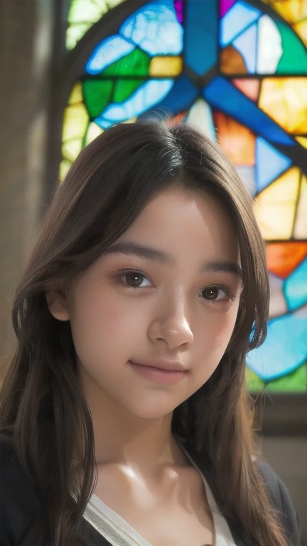 best quality, ultra high res, (photorealistic:1.4), 1girl, 18years old, beautiful girl wearing hogwart costume, (loose hair:1.2), perfect face, perfect hand, perfect finger, upper body, church background, stained glass window, cinematic lighting, sun ray, lens flare, bokeh, blurry background, front view, very detailed face