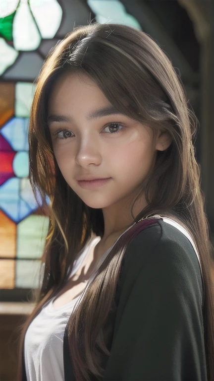 best quality, ultra high res, (photorealistic:1.4), 1girl, 18years old, beautiful girl wearing hogwart costume, (loose hair:1.2), perfect face, perfect hand, perfect finger, upper body, church background, stained glass window, cinematic lighting, sun ray, lens flare, bokeh, blurry background, front view, very detailed face