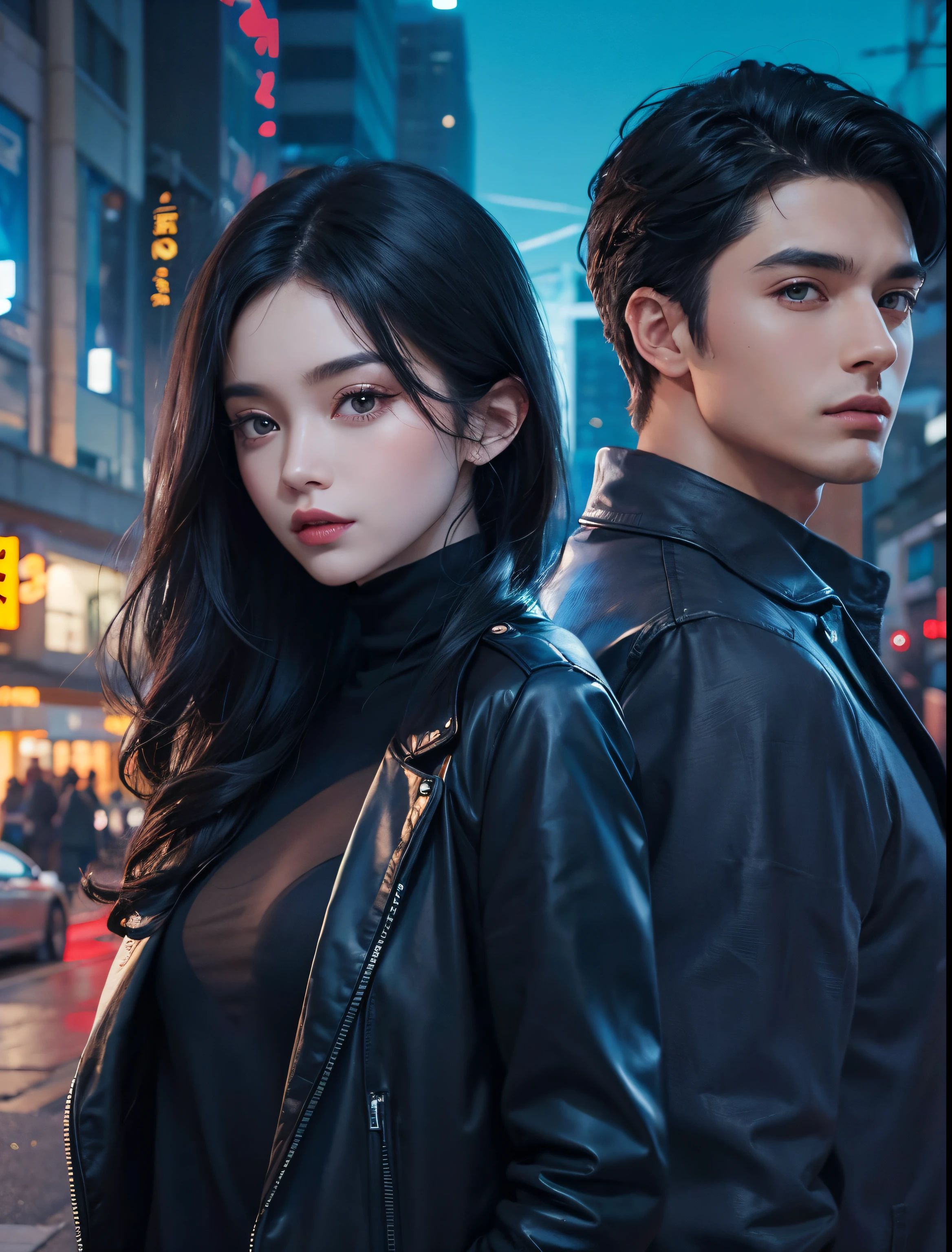 Two beautiful men and women who are about to teleport. Ele usa roupas modernas. cabelo preto. The time is night. The location is the city.