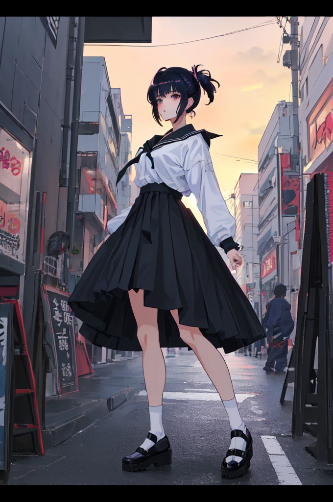 anime character Sukeban delinquent girl standing on a city street corner in black seifuku with black very long skirt, anime style. 8k, anime style mixed with fujifilm, retro anime girl, anime styled digital art, in tokyo, anime style illustration, anime style 4 k, anime style artwork, anime poster film still portrait, tokyo anime scene, modern anime style, anime style digital art, short hair, 26year old