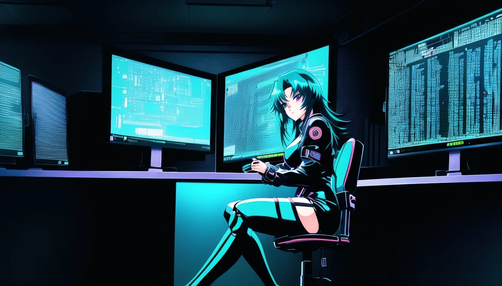 hacker anime girl in lingerie sitting at a desk with a computer, seductive hacker anime girl, modern cyberpunk anime, cyberpunk anime girl, digital cyberpunk anime!!, best anime 4k konachan wallpaper, anime girl with green teal hair, digital cyberpunk anime art, female cyberpunk anime girl, anime style 4 k, old computer, retro computer,
