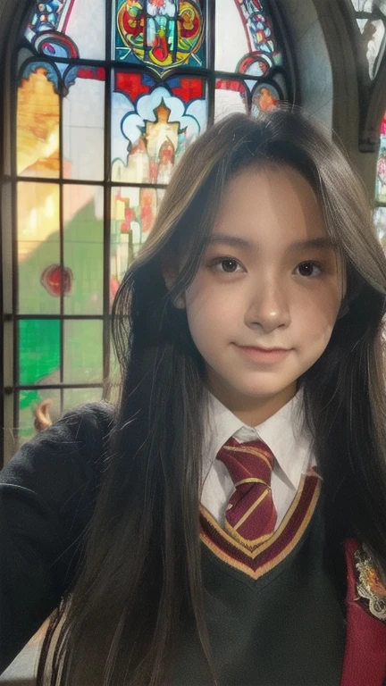 best quality, ultra high res, (photorealistic:1.4), 1girl, 18years old, beautiful girl wearing hogwart costume, (loose hair:1.2), perfect face, perfect hand, perfect finger, upper body, church background, stained glass window, cinematic lighting, sun ray, lens flare, bokeh, blurry background, front view, very detailed face
