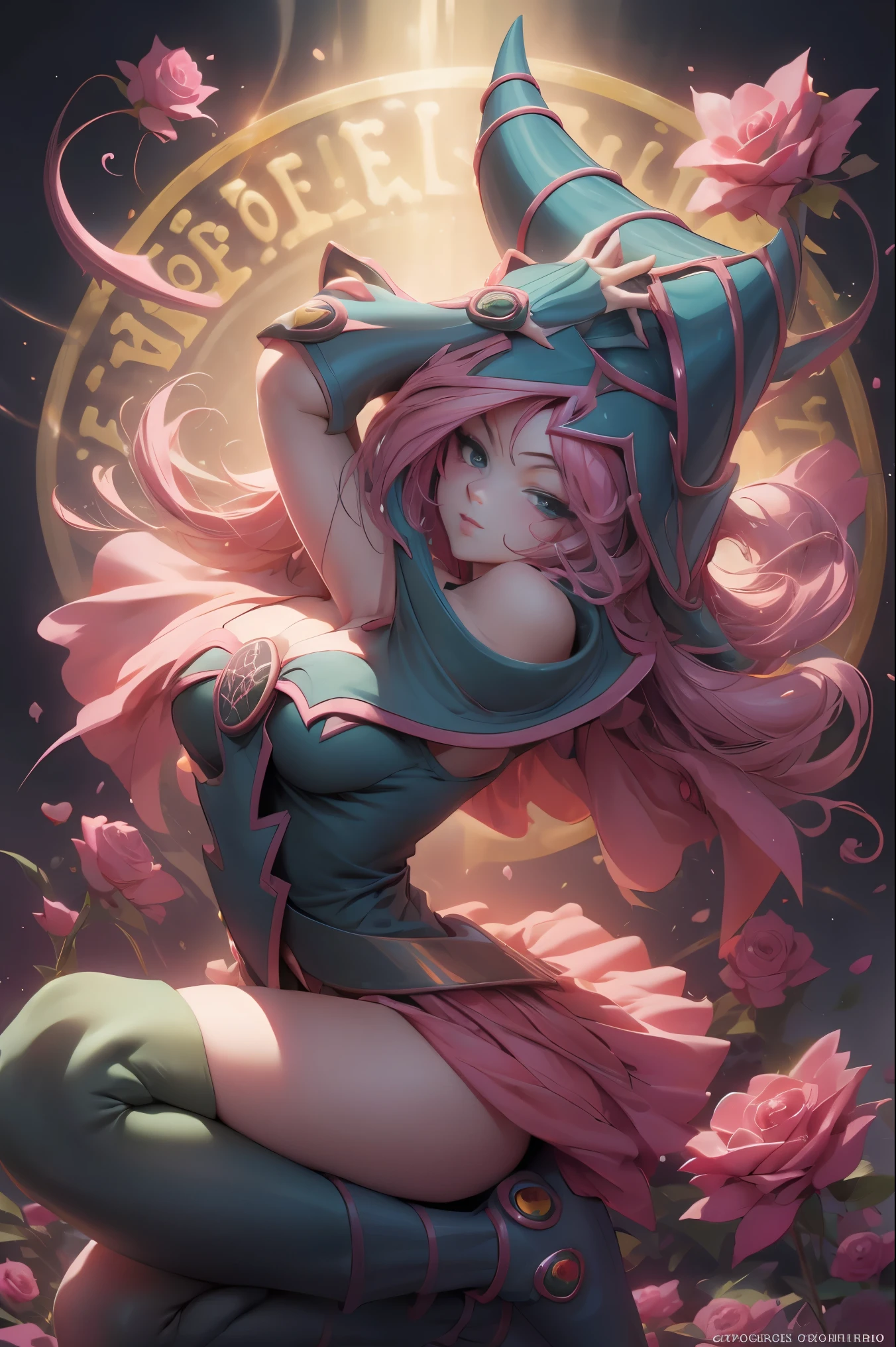 Hermosa dark magician gils. Joven con cabello corto y rubia. Ojos verdes. Labios rosados. She is in a garden of red roses. Rosas rojas la rodean. Pose y inocente. Fondo de rosas rojas y lluvia