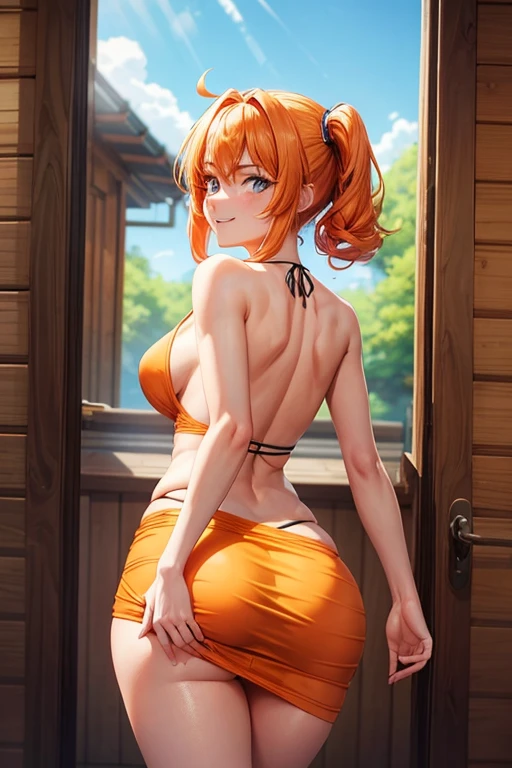 Draw Cassye Sandler, an anime-style female character with lung-length orange hair, thin orange eyebrows and blue eyes, smile on her face. small breasts, thin waist, big perky ass, thick thighs. wearing a transparent sarong inside the sauna. seen from the back with the butt facing the viewer. bottom-up perspective.