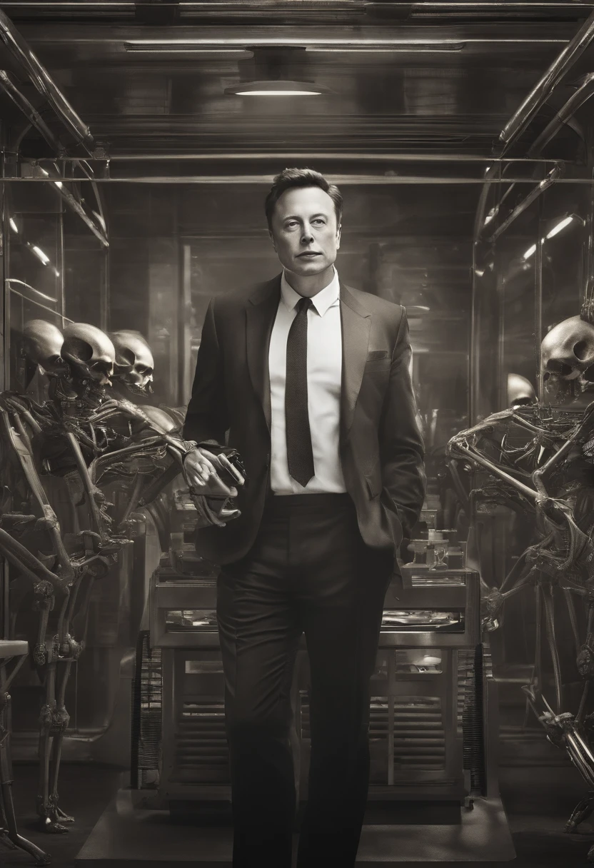 duotone noir retofuturistic Science fiction 3 / 4 portrait of Elon Musk as a cyborg in a biopunk genetic laboratory with animal skeletons. Science fiction retro future atmosphere. cinematic scene volumetric lighting. golden ratio accidental rebirth. arte do grafite, Science fiction, fantasia, hiper detalhado. octane rendering. trends in the air