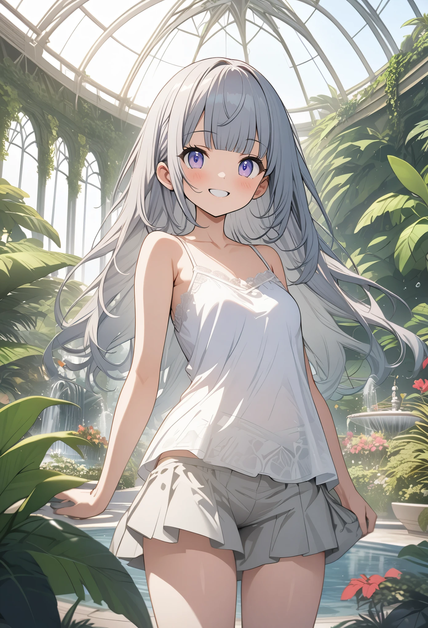 ((Masterpiece)), ((best quality)), (Anime:1.3), palace giant greenhouse, gardens, fountains, tropical plants, cute teenage girl, smile, camisole, ultra-detailed, (loose blunt bangs), Massively bandaged body,