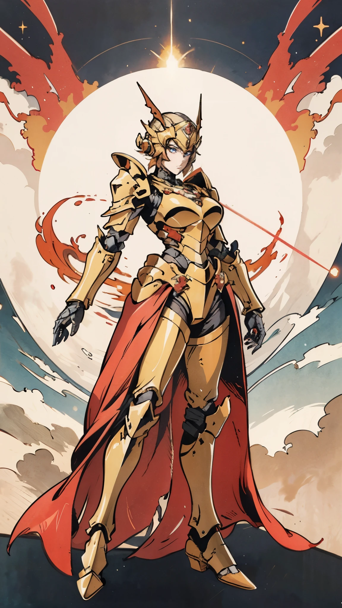 A woman adorned in fantasy-style full-body armor, a crown-concept fully enclosed helmet that unveils only her eyes, a composite layered chest plate, fully encompassing shoulder and hand guards, a lightweight waist armor, form-fitting shin guards, the overall design is heavy-duty yet flexible, ((the armor gleams with a golden glow, complemented by red and blue accents)), exhibiting a noble aura, she floats above a fantasy-surreal high-tech city, this character embodies a finely crafted fantasy-surreal style armored hero in anime style, exquisite and mature manga art style, (Queen bee mixed with Spider concept Armor, plasma, blood), ((Element, energy, elegant, goddess, femminine:1.5)), metallic, high definition, best quality, highres, ultra-detailed, ultra-fine painting, extremely delicate, professional, anatomically correct, symmetrical face, extremely detailed eyes and face, high quality eyes, creativity, RAW photo, UHD, 32k, Natural light, cinematic lighting, masterpiece-anatomy-perfect, masterpiece:1.5
