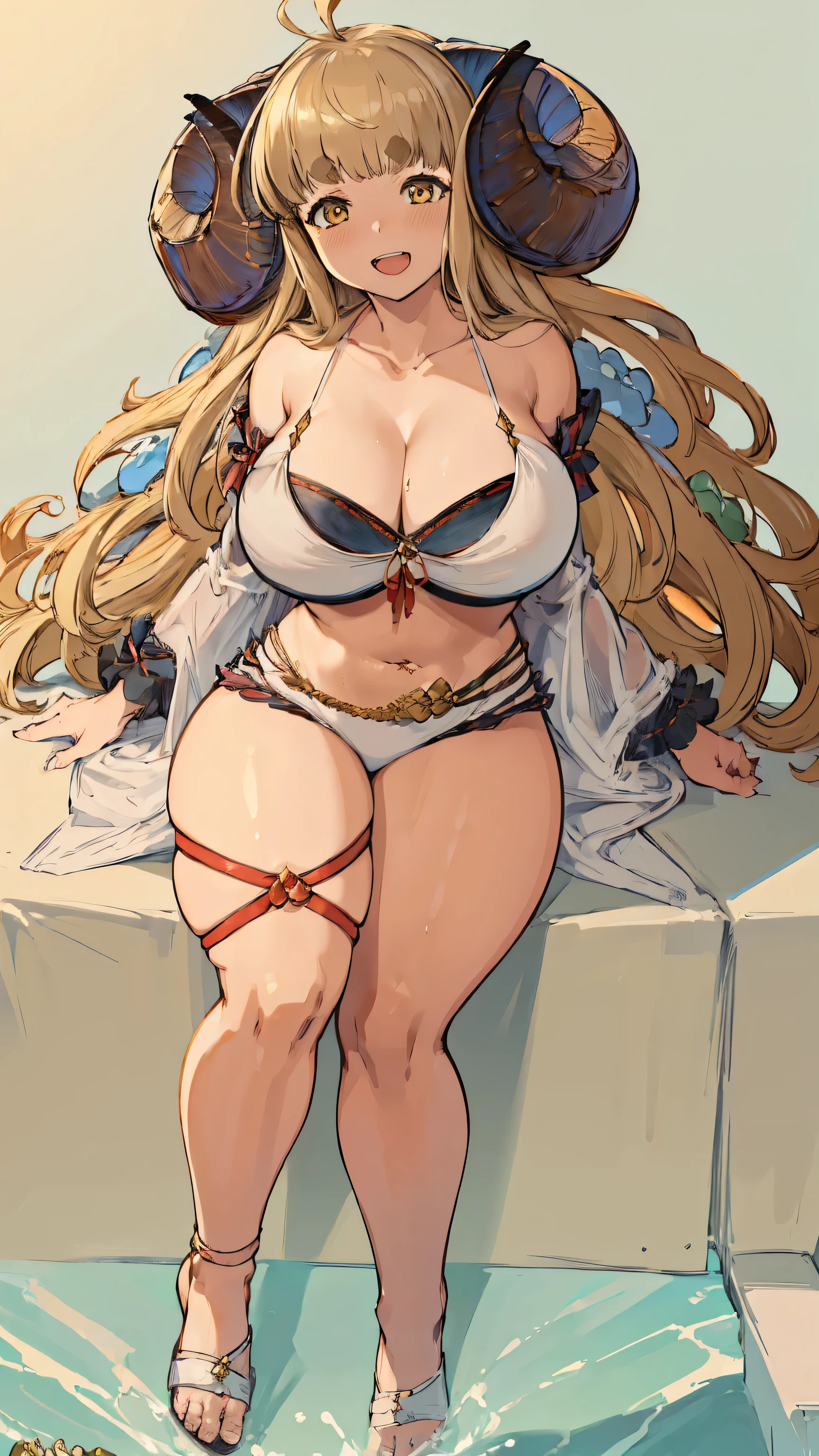 ((highest quality, 8K, masterpiece :1.3)),Ultra detailed face, 1 adult female,Anila,GRANBLUE FANTASY,Voluptuous body,Large Breasts,NSFW,M-shaped legs,Sexy pose,laughing