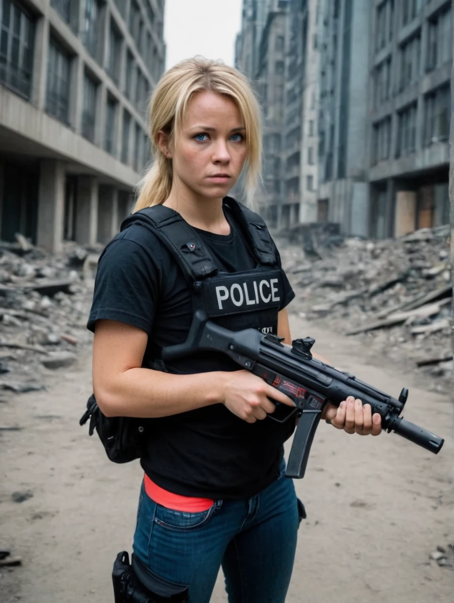 Danish police 24 years old woman in post apocalyptic city, holding mp5, aiming with mp5, hkmp5 by Brandon Anschultz, ready to fire, (blonde, blue eyes, runners body, extremely beautiful:1.2),(masterpiece, best quality:1.2)