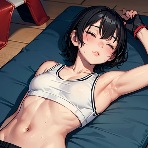 Cute Japanese high school girl with short-cut black hair, down and lying down on the ring of mma, passed out, eyes closed, mouth wide open, gasping, drooling, very sweaty, out of stamina, slender body, poor breasts, small breasted sports bra, high leg shorts, open finger gloves