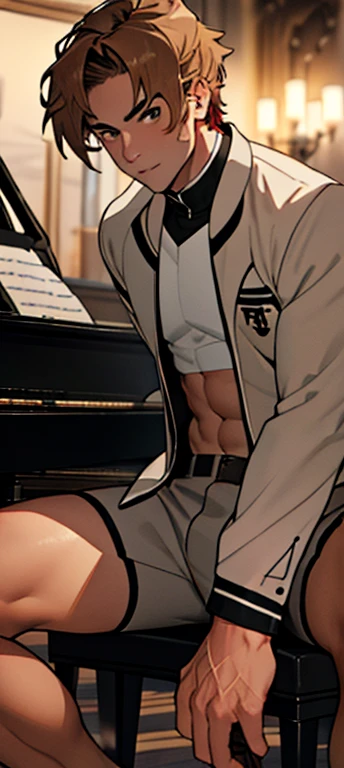 (masterpiece, best quality), 1man, musculous, short detailed hair, with brown eye, complex, (dress room), full bodyesbian, White baseball uniform, Open dark gray jacket, vivd colour,(depth of fields:1.2),(abs),Be red in the face，looking at viewert，A piano，spread their legs，