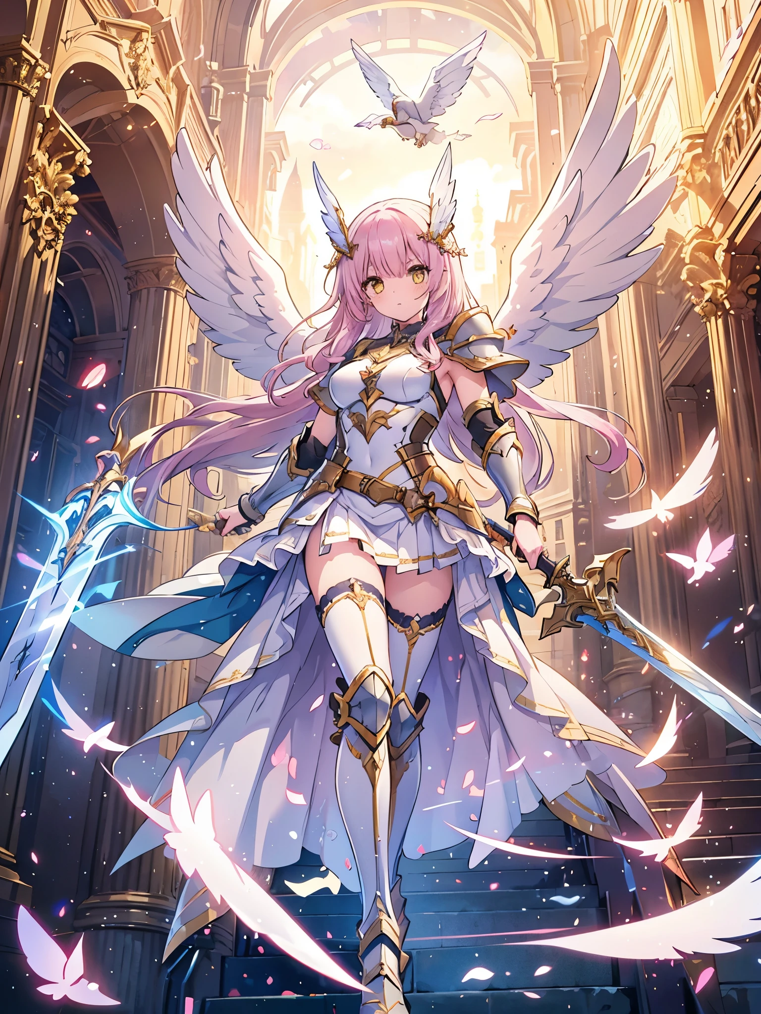 (masterpiece), best quality, 1girl, Valkyrie, angel knight in withe dress and sliver armor, shiny armor, High-gloss armor, reflective metal armor, holding sword, (long_sword), pink long curly hair, yellow eyes, wings, white outfit, perfect lighting