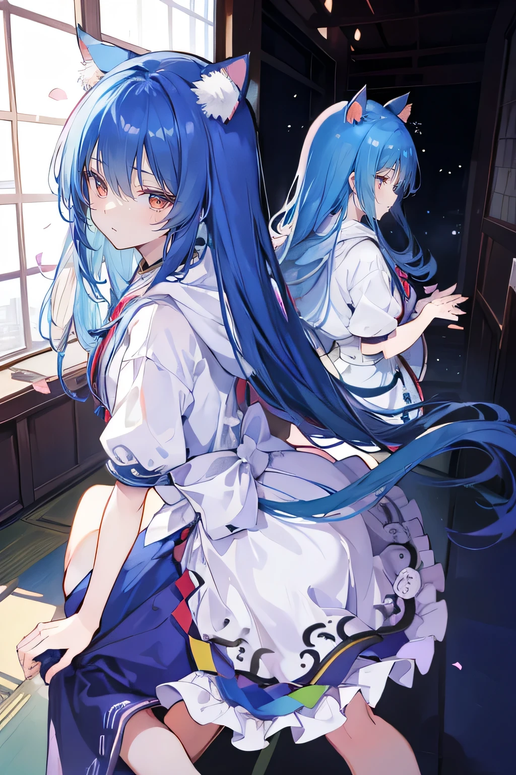 (masterpiece:1.2),Super detailed,lifelike,Expressive eyes,fair skin,perfect face shape,1 girl,
Japanese comics,Gorgeous blue hair,flowing blue hair,flowing clothes,Cat ears,Petals fall,beautiful lola,Baby Angel,
Shaking head with one hand,Cross your legs,Gentle and peaceful background,The pavilion is cool and comfortable,smile, wearing hoodie, background of tokyo,back views,snowing, winter.