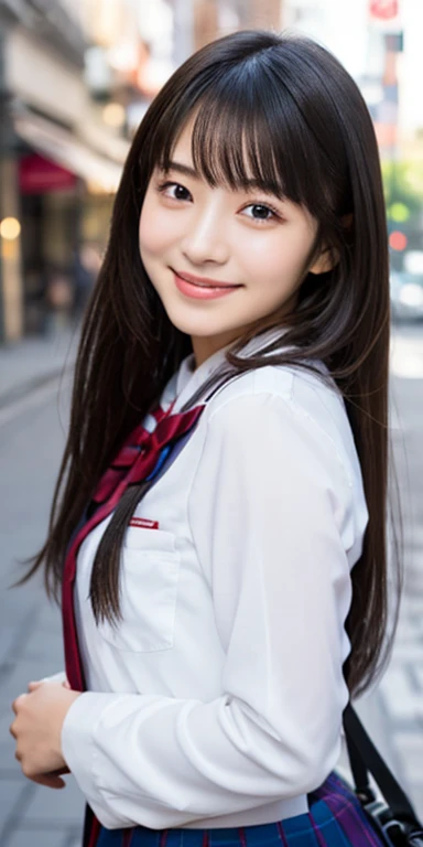 1 girl, (Please wear your high school uniform:1.2), (18 years old:1.5), (original Cai Neihua), young face, cute face, (Raw photo, highest quality), (realistic, Photoreal:1.4), debris flies, sharp focus, very delicate and beautiful, very detailed, 2k wallpaper, wonderful, finely, very detailed CG Unity 8k wallpaper, Super detailed, High resolution, soft light, Put your whole body on、beautiful detailed girl, very detailed目と顔, beautifully detailed nose, beautiful and detailed eyes, Blake Springs Street Corner,Eating sweets、 cinematic lighting, perfect anatomy, slender body, straight long, long hair, parted bangs, innocent smile,Model photoshoot、 (looking at the viewer),Nogizaka46'sのアイドル,transfer the whole body、Full body photo、Harajuku、Match the size of both eyes、smile、Eat crepes on your way