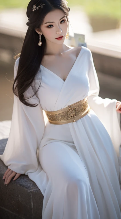 "Generate a high-quality image featuring a brunette woman with a darker hair tone, adorned in an elegant white dress cinched with a belt that accentuates her slender waist. The impeccable application of her makeup should highlight her features, contributing to an overall glamorous and sensual appearance. Carefully arrange the lighting to play with shadows and highlights, adding depth and sophistication to the composition. The woman, posing in a way that exudes feminine allure, should be the focal point, with the background artistically blurred using techniques like soft bokeh. Employ a skillful use of camera effects and a refined color palette to create an aesthetically pleasing and sensually captivating image."