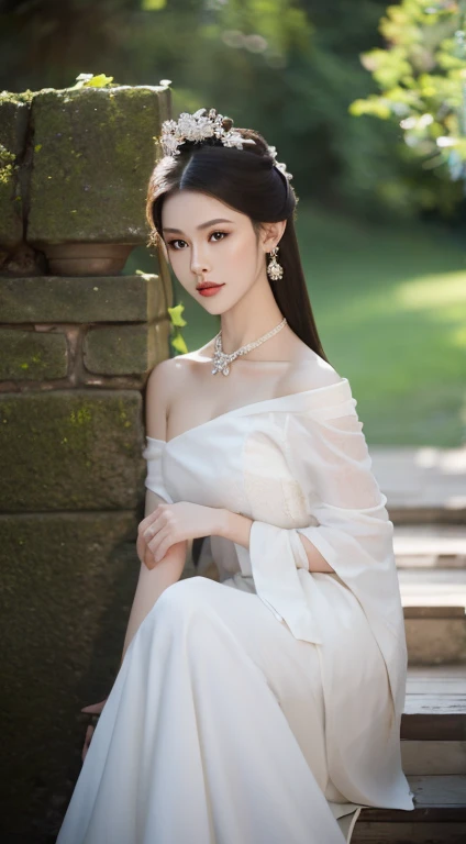 "Generate a high-quality image featuring a brunette woman with a darker hair tone, adorned in an elegant white dress cinched with a belt that accentuates her slender waist. The impeccable application of her makeup should highlight her features, contributing to an overall glamorous and sensual appearance. Carefully arrange the lighting to play with shadows and highlights, adding depth and sophistication to the composition. The woman, posing in a way that exudes feminine allure, should be the focal point, with the background artistically blurred using techniques like soft bokeh. Employ a skillful use of camera effects and a refined color palette to create an aesthetically pleasing and sensually captivating image."