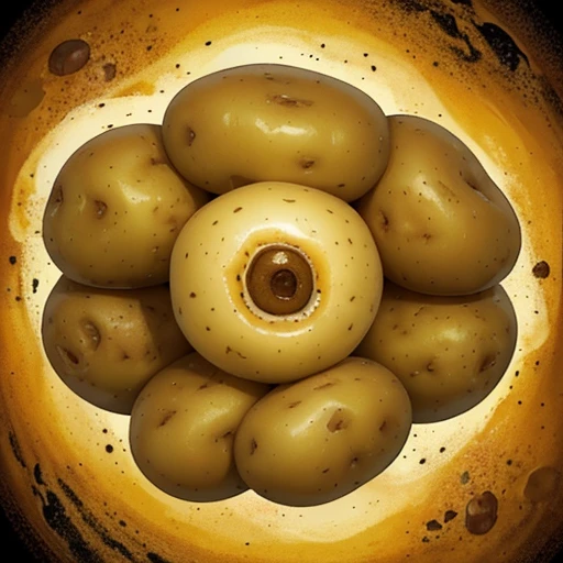 (Potatoes mutated, secreting strange chemicals), abstract, distorted reality, Illusion, yellow-brown tone, illustration