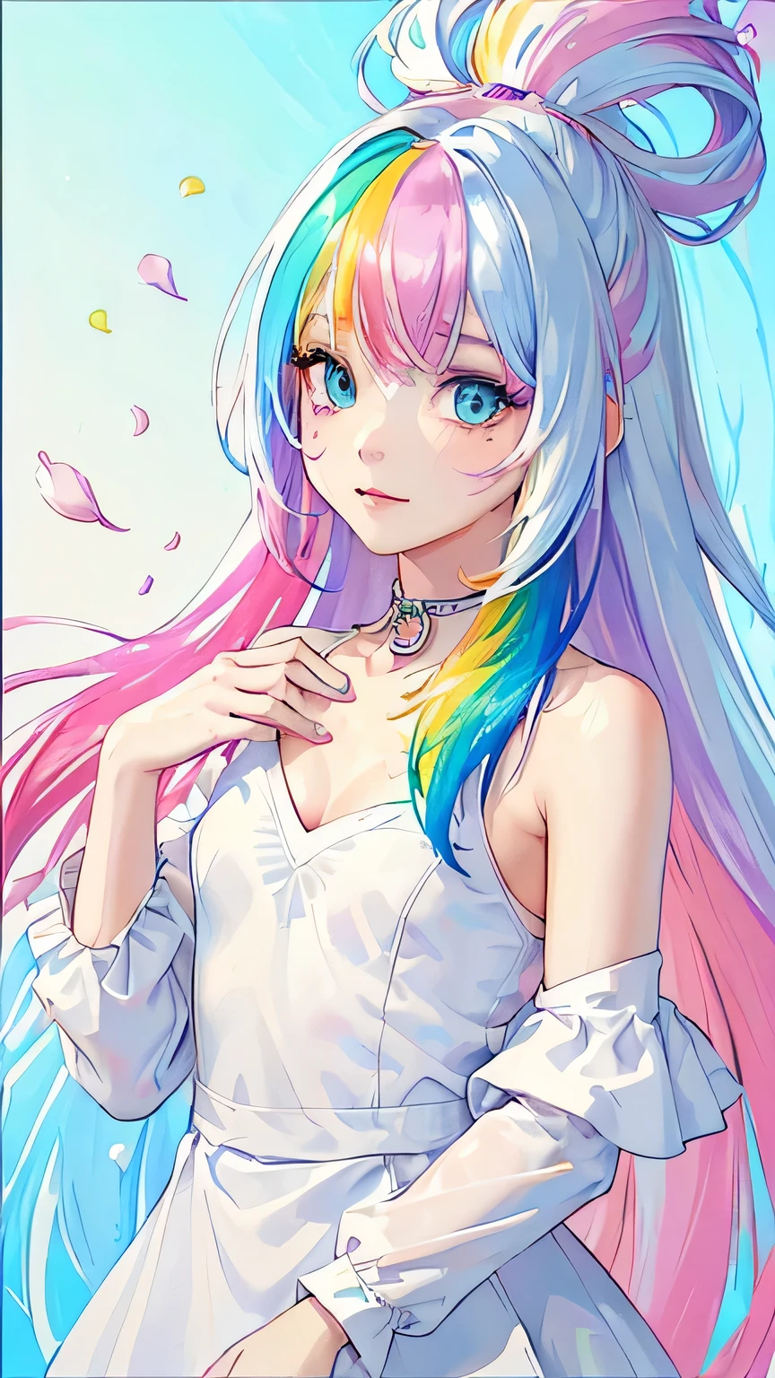 (Pink Fashion T-shirt:1.9),(Colorful hair: 1.8), (all the colours of the rainbow: 1.8),(((((vertical painting:1.6))), (painting:1.6),front, comics, illustrations, paintings, large eyes, crystal clear eyes,( rainbow color gradient high ponytail:1.7), exquisite makeup, closed mouth,(Small Fresh: 1.5),(Wipe Chest: 1.6) ,long eyelashes, white off shoulder T-shirt, White Shoulder Shirt,looking at the audience, large watery eyes, (rainbow colored hair:1.6), color splash, (solo:1.8), color splash, color explosion, thick paint style, messy lines, ((shining)),(colorful), (colorful), (colorful), colorful, Thick Paint Style, (Splash) (Color Splash), Vertical Painting, Upper Body, Paint Splash, Acrylic Pigment, Gradient, Paint, Highest Image Quality, Highest Quality, Masterpiece, Solo, Depth of Field, Face Paint, colorful clothes, (Elegant: 1.2), gorgeous,long hair, wind, (Elegant: 1.3), (Petals: 1.4),(((masterpiece))),(((best quality))),((ultra-detailed)),(illustration),(dynamic angle),((floating)),(paint),((disheveled hair)),(solo),(1girl) , (((detailed anima face))),((beautiful detailed face)),collar,bare shoulders,white hair, ((colorful hair)),((streaked hair)),beautiful detailed eyes,(Gradient color eyes),(((colorful eyes))),(((colorful background))),(((high saturation))),(((surrounded by colorful splashes))),