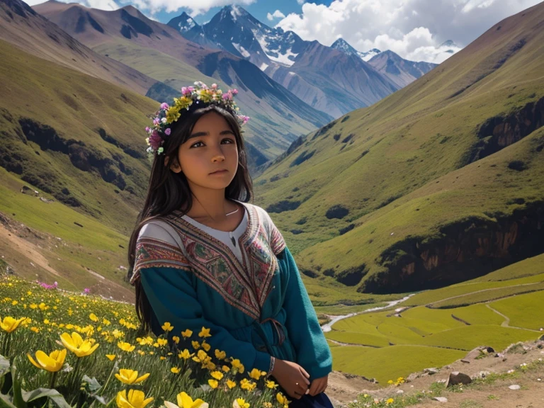 Flower of a day in the Andes, muy brillante y hermosa, a distancia un Inka joven con vestimenta Inka, observando la flor.