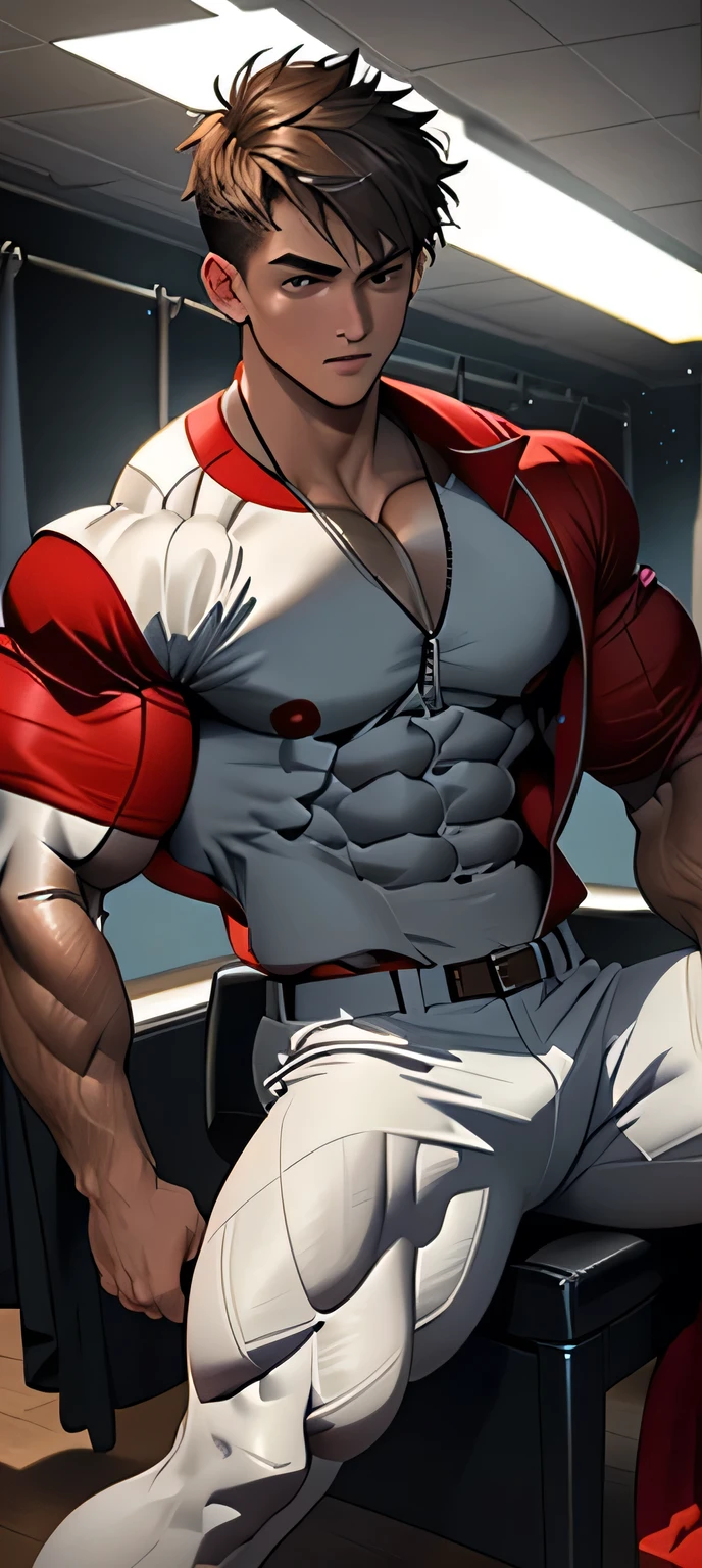 (masterpiece, best quality), 1man, musculous, short detailed hair, with brown eye, complex, (dress room), full bodyesbian, White baseball uniform, Open dark gray jacket, vivd colour,(depth of fields:1.2),(abs),Be red in the face,looking at viewert,A piano,spread their legs,