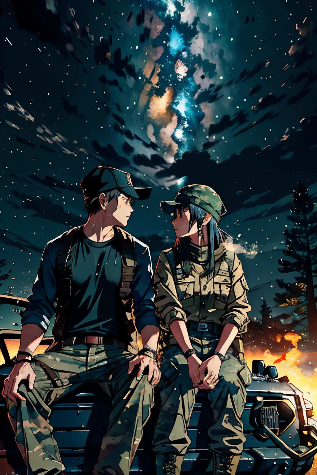 (Masterpiece, Evening in the wild, Conflicting colors: Blue sky is red, Meteor shower, Bonfire, Guitar, Military green Wrangler SUV, Forgotten young people: Gao Shuo), (High quality, Cinematic lighting, Dynamic lighting, High quality shadows), (Two figures: Gao Shuo and his girlfriend), (Girlfriend in black vest, Camouflage trousers, Woolen hat, Black suspender, Camouflage shorts, Sitting on the roof of the Wrangler), (Smoke torn apart in the cold wind: Symbolizing their past lives),

(Girlfriend's face: Round, Un