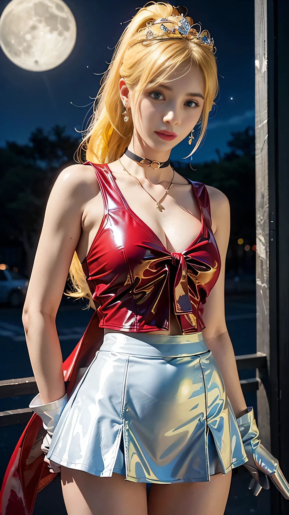 ((masterpiece:1.4)、(highest quality:1.4)、(Realistic:1.7))、Masterpiece:1.4、(Top-notch rendering:1.4)、beautiful girl、(Beautiful girl Sailor Moon 2:1.7)、MoonWild Rabbit、(Body Fit Sexy Sailor Warrior Uniform:1.4)、(Shiny latex:1.7)、(The jacket is a white sleeveless sailor suit....:1.4)、(Skirt Blue Sexy Ultra Ultra Pleated Mini Skirt:1.4)、The sailor suit collar has two thin blue lines...............:1.2、High leg swimsuit、Red cloth decoration on chest:1.2、(Wearing white gloves)、Cute Girl、Super Beauty、Sharp Focus、Portrait Photography:1.4、8k、Photorealistic images:1.4、(Perfect female body:1.4)、Perfect proportions、(Upper body shot:1.4)、Beautiful Face、Beautiful Eyes、(Narrow waist:1.4)、(9-body proportions beautiful girl:1.4)、(A beautiful girl with long legs and a good figure:1.4)、Beautiful feet:1.2、(Yellow Hair:1.4)、(Long Hair:1.2)、(ponytail:1.2)、Beautiful breasts、Large Breasts:1.2、sexy ass、Raw photo、Red lips、Red high heels:1.4、choker:1.4、necklace:1.4、Earrings:1.4、Gorgeous golden tiara:1.4、1 Screen Display:1.4、moon、universe、spaceship、Universe Station、City of the Future