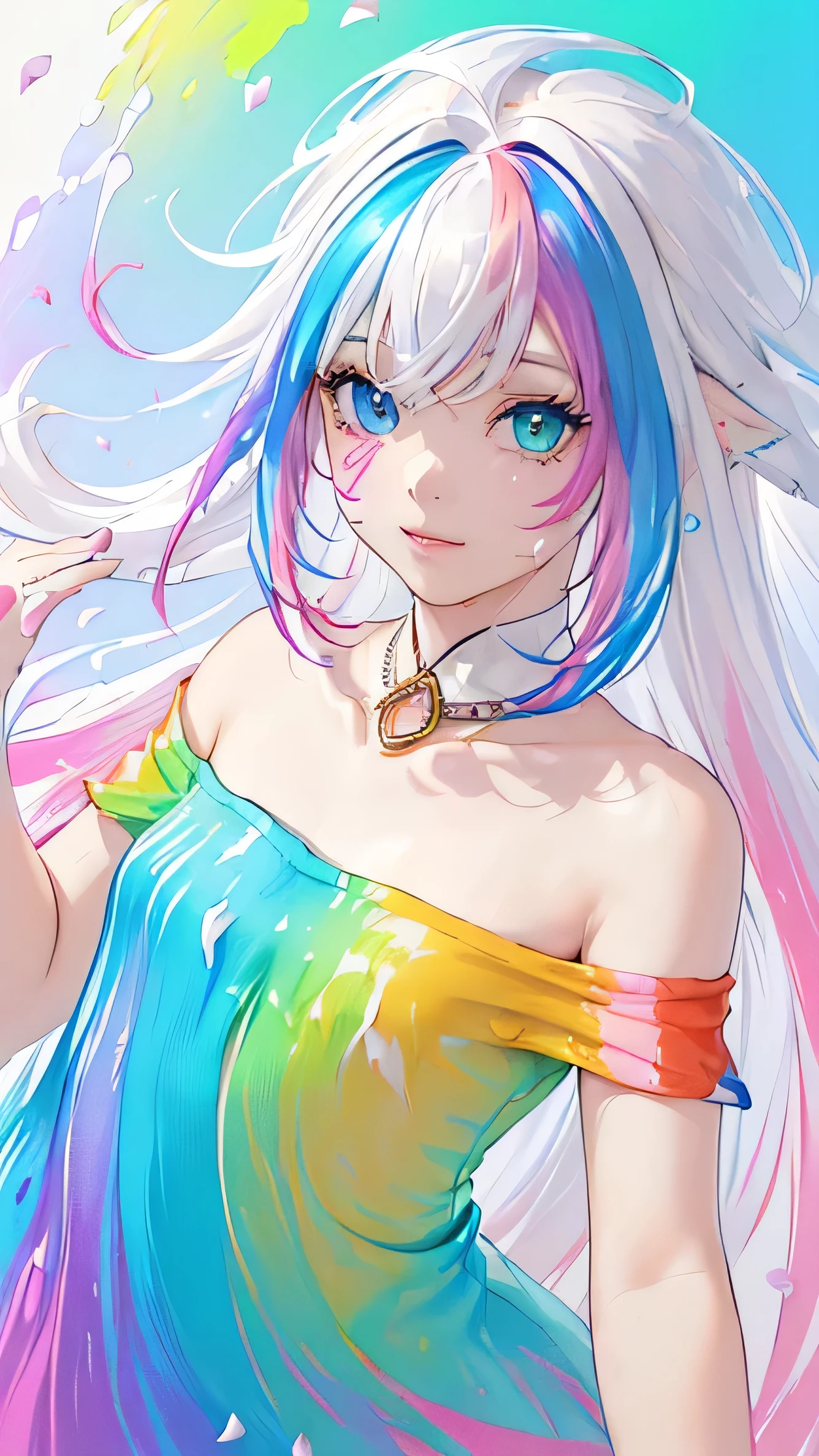 （Pink Fashion T-shirt：1.9），(Colorful hair: 1.8), (all the colours of the rainbow: 1.8),(((((vertical painting：1.6))), （painting：1.6），front, comics, illustrations, paintings, large eyes, crystal clear eyes,（ rainbow color gradient high ponytail：1.7）, exquisite makeup, closed mouth,(Small Fresh: 1.5),(Wipe Chest: 1.6) ，long eyelashes, white off shoulder T-shirt,  White Shoulder Shirt，looking at the audience, large watery eyes, (rainbow colored hair：1.6), color splash, （solo：1.8）, color splash, color explosion, thick paint style, messy lines, ((shining))，(colorful), (colorful), (colorful), colorful, Thick Paint Style, (Splash) (Color Splash), Vertical Painting, Upper Body, Paint Splash, Acrylic Pigment, Gradient, Paint, Highest Image Quality, Highest Quality, Masterpiece, Solo, Depth of Field, Face Paint,  colorful clothes, (Elegant: 1.2), gorgeous,long hair, wind, (Elegant: 1.3), (Petals: 1.4)，(((masterpiece))),(((best quality))),((ultra-detailed)),(illustration),(dynamic angle),((floating)),(paint),((disheveled hair)),(solo),(1girl) , (((detailed anima face))),((beautiful detailed face)),collar,bare shoulders,white hair, ((colorful hair)),((streaked hair)),beautiful detailed eyes,(Gradient color eyes),(((colorful eyes))),(((colorful background))),(((high saturation))),(((surrounded by colorful splashes))), 


