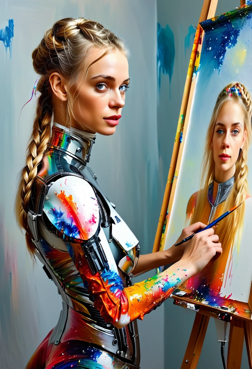 The easel, the paints, the artist, standing Full-length, Sexy cyborg woman drawing self-portrait in oil paints, french braid, blonde hair