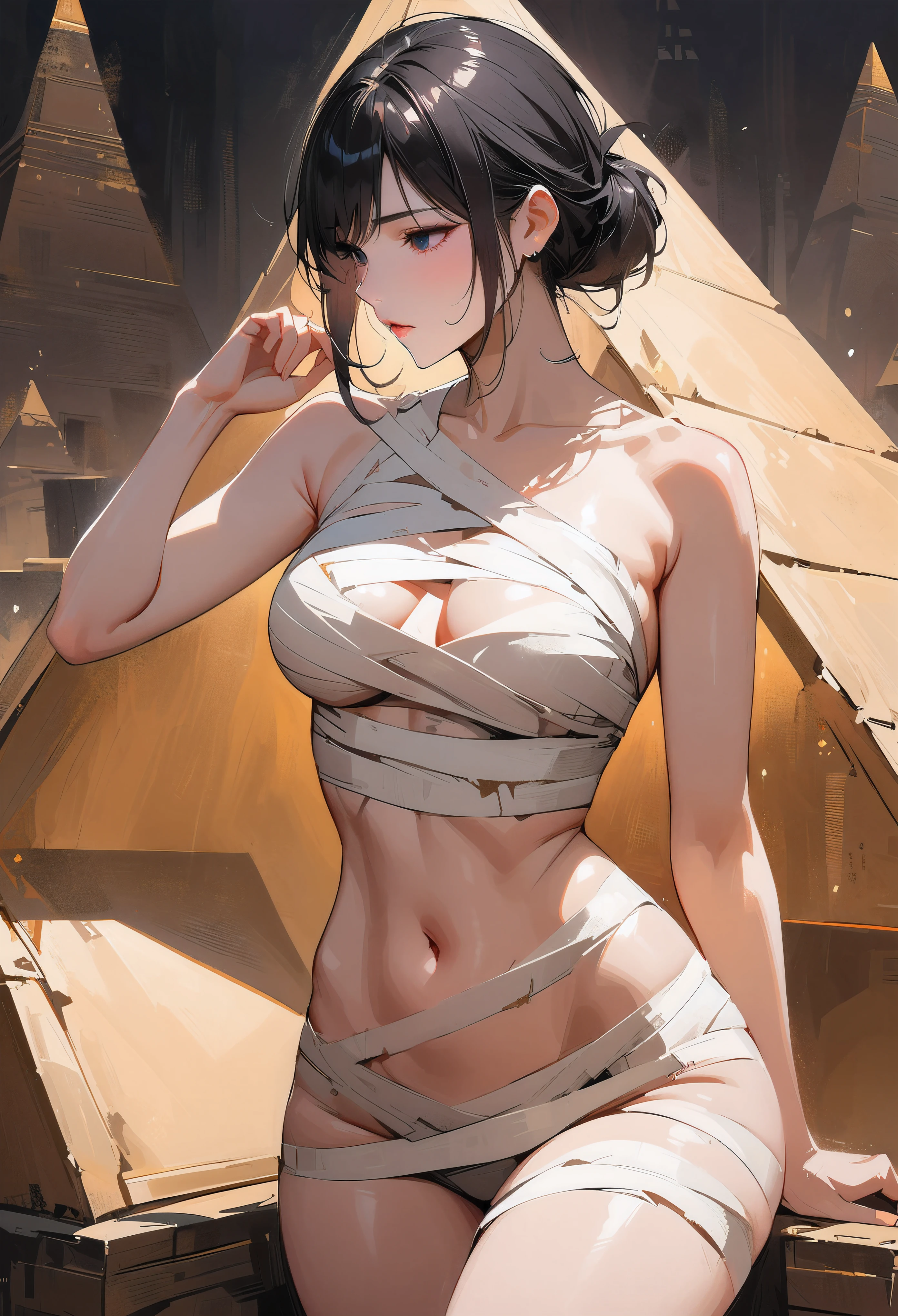 8K,high-level image quality、reality、solo ,Chest Reveal、black hair ,hair bun , (sexy) ,  cowboy shot , (white shirts ),  crop ,a mummy costume, mummy bandaged to  bare body ,navel , wide hips,(pyramid background) , (muscular:0.4)  ,( indoor , in pyramid)  , the tomb of the king , Coffin , (from behind) ,ass