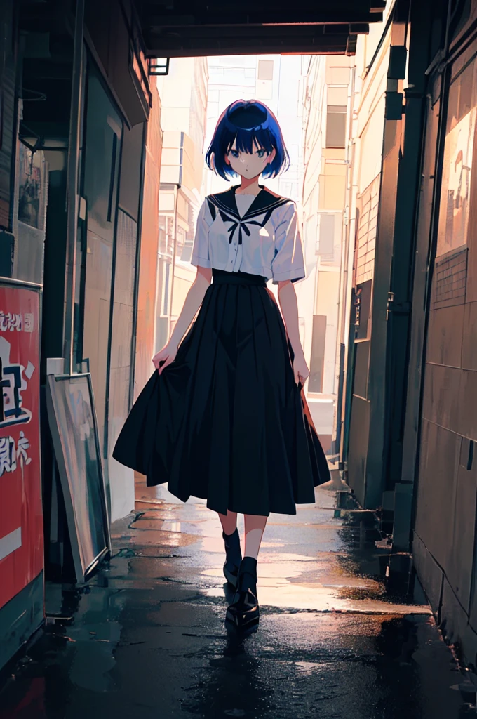 anime character Sukeban delinquent girl standing on a city street corner in black seifuku with black very long skirt, anime style. 8k, anime style mixed with fujifilm, retro anime girl, anime styled digital art, in tokyo, anime style illustration, anime style 4 k, anime style artwork, anime poster film still portrait, tokyo anime scene, modern anime style, anime style digital art, short hair, 26year old
