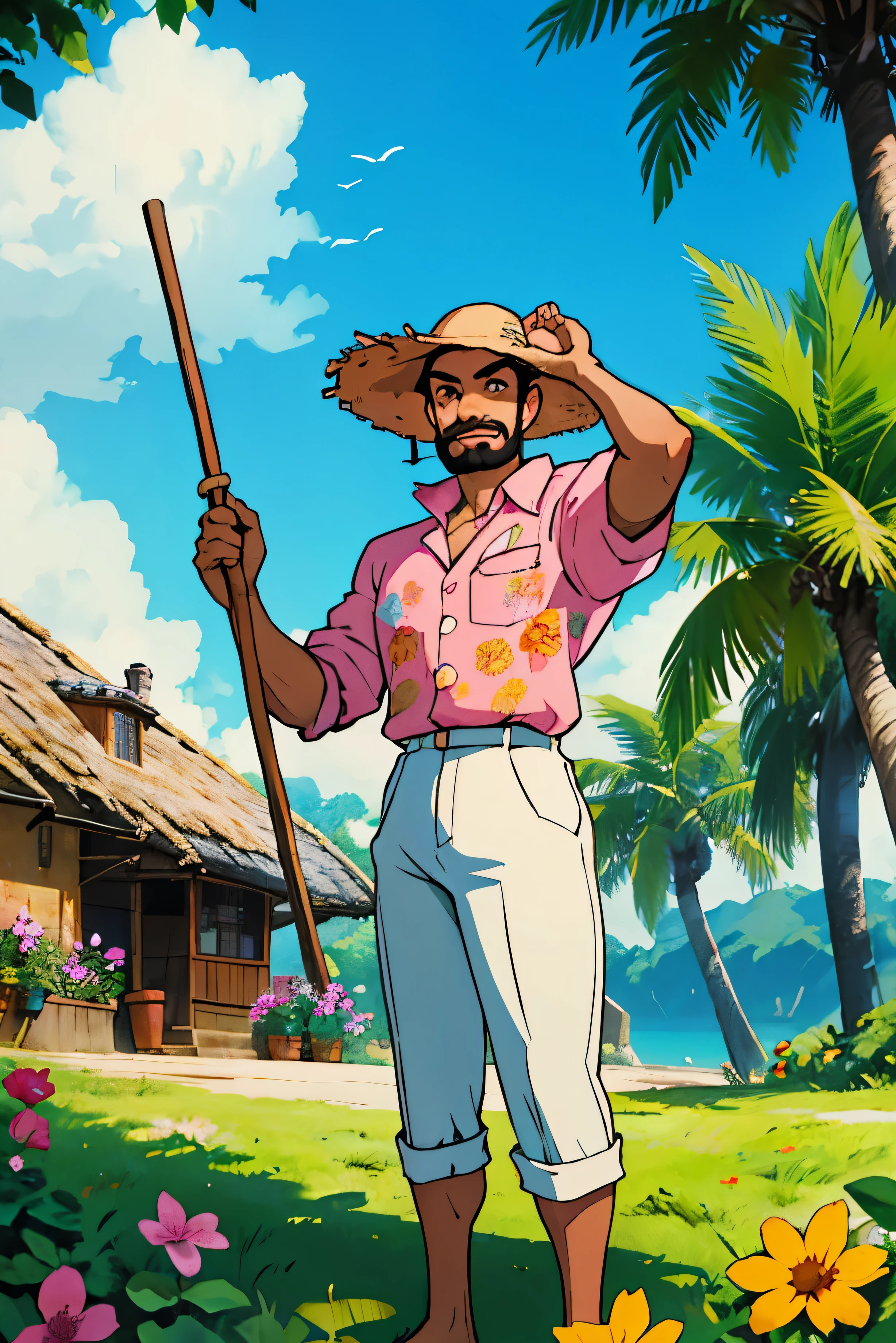 slim young man standing, cabelo ate os ombros, cavanhaque e bigode, straw hat, camisa branca, right arm raised, pink flower in the right hand