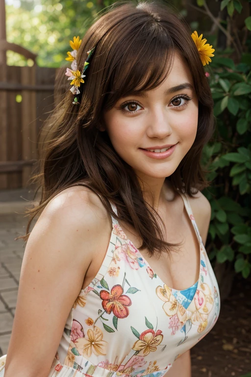 A gorgeous girl, bright smile, big eyes, brown hair, wear flower dress, half body, natural light, Disney style, anime illustration