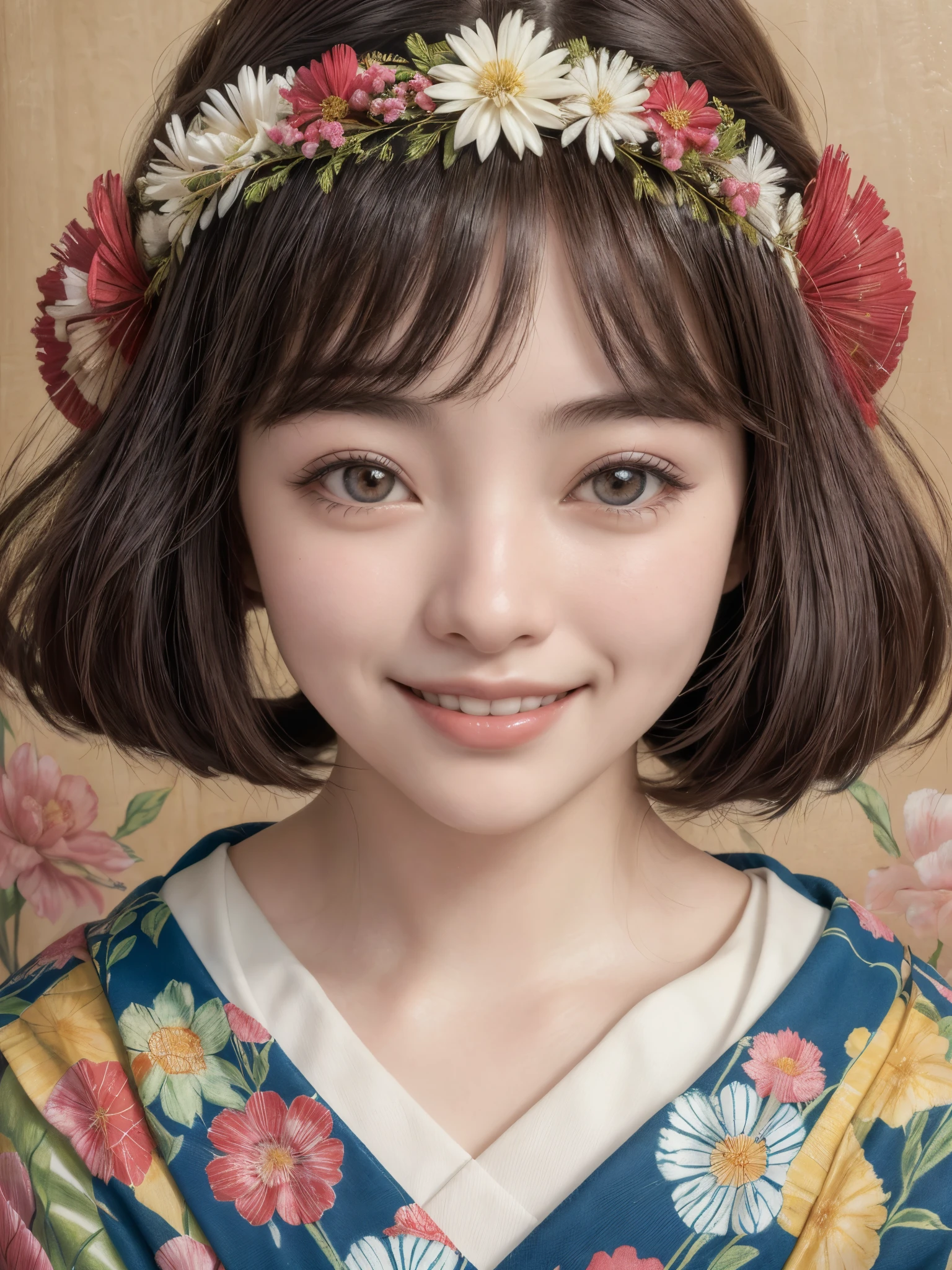 Retrato de uma mulher sorrindo, com um capacete florido e uma borla vermelha, Retrato de uma garota japonesa sorindo, inspirado em Ito Shinsui, inspirado em Riusuke Fukahori, inspirado em Nara Yoshitomo, retrato de gueixa sorrindo, inspirado em Margaret Keane, Retrato de uma gueixa sorrindo, portrait of a smiling Japanese teenager, ultrarealista, 4k, fotorrealismo