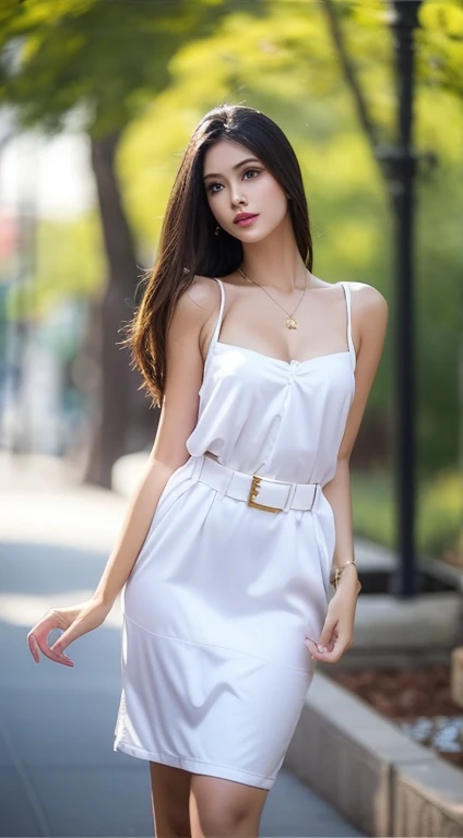"Generate a high-quality image featuring a brunette woman with a darker hair tone, adorned in an elegant white dress cinched with a belt that accentuates her slender waist. The impeccable application of her makeup should highlight her features, contributing to an overall glamorous and sensual appearance. Carefully arrange the lighting to play with shadows and highlights, adding depth and sophistication to the composition. The woman, posing in a way that exudes feminine allure, should be the focal point, with the background artistically blurred using techniques like soft bokeh. Employ a skillful use of camera effects and a refined color palette to create an aesthetically pleasing and sensually captivating image."