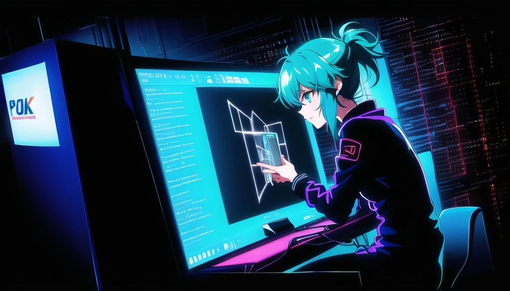 horny milf hacker anime girl in lingerie sitting at a desk with a computer, seductive hacker anime girl, modern cyberpunk anime, cyberpunk anime girl, digital cyberpunk anime!!, best anime 4k konachan wallpaper, anime girl with green teal hair, digital cyberpunk anime art, female cyberpunk anime girl, anime style 4 k, old computer, retro computer,Using a computer in a dark room, Open the Kali Linux operating system on your computer screen, Writing code in terminal in potash linux,Cybersecurity, a dimly lit room filled with vintage computers and towering holographic screens, a sanctuary of code and chaos. , Cyberpunk_Anime, low-poly, low poly, n64-lowpoly style