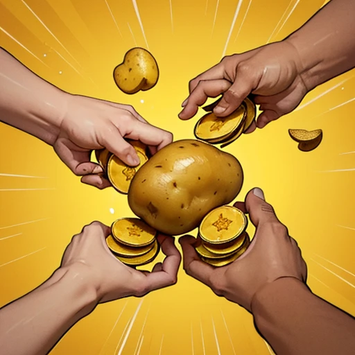 (The potato symbolizes greed and indulgence as multiple hands reach out to grab it, accompanied by money and food), Greed, indulgence, consumption, abstract, distorted reality, Illusion, yellow-brown tone, illustration