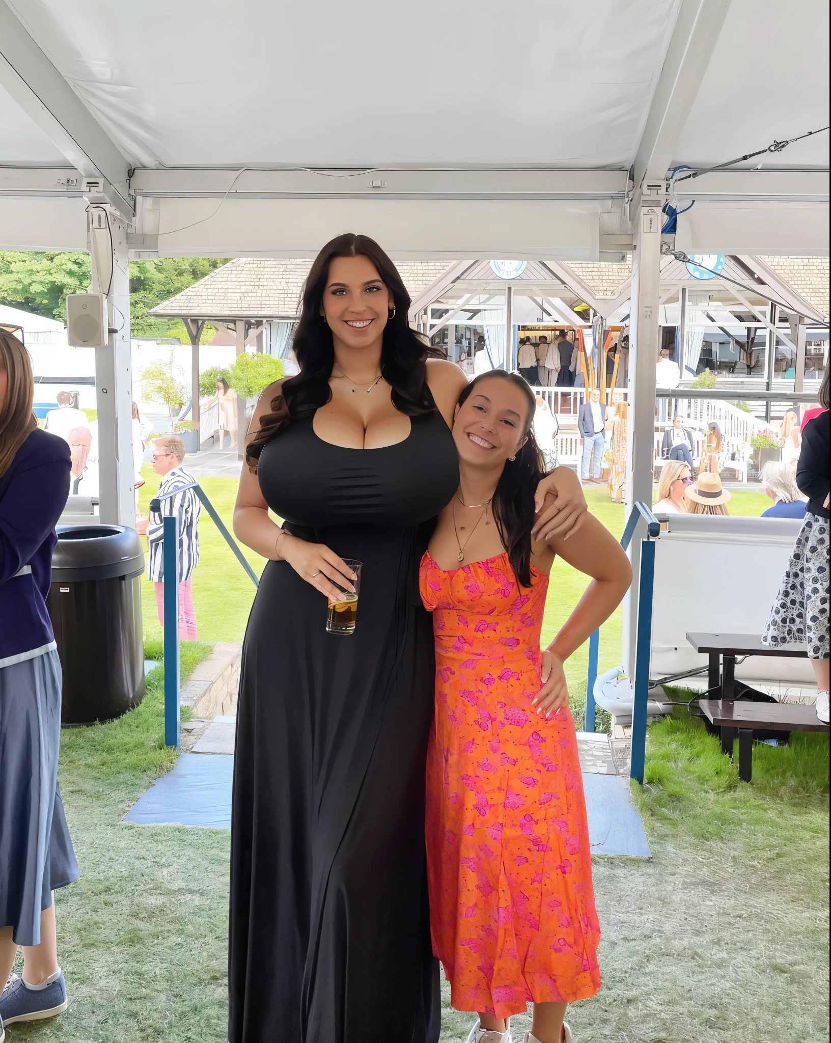 plain dress, (big giant enormous oversized massive huge colossal :1.5), (gigantic sagging :1.5), (very long thick full hair), (extremely long hair), wavy hair