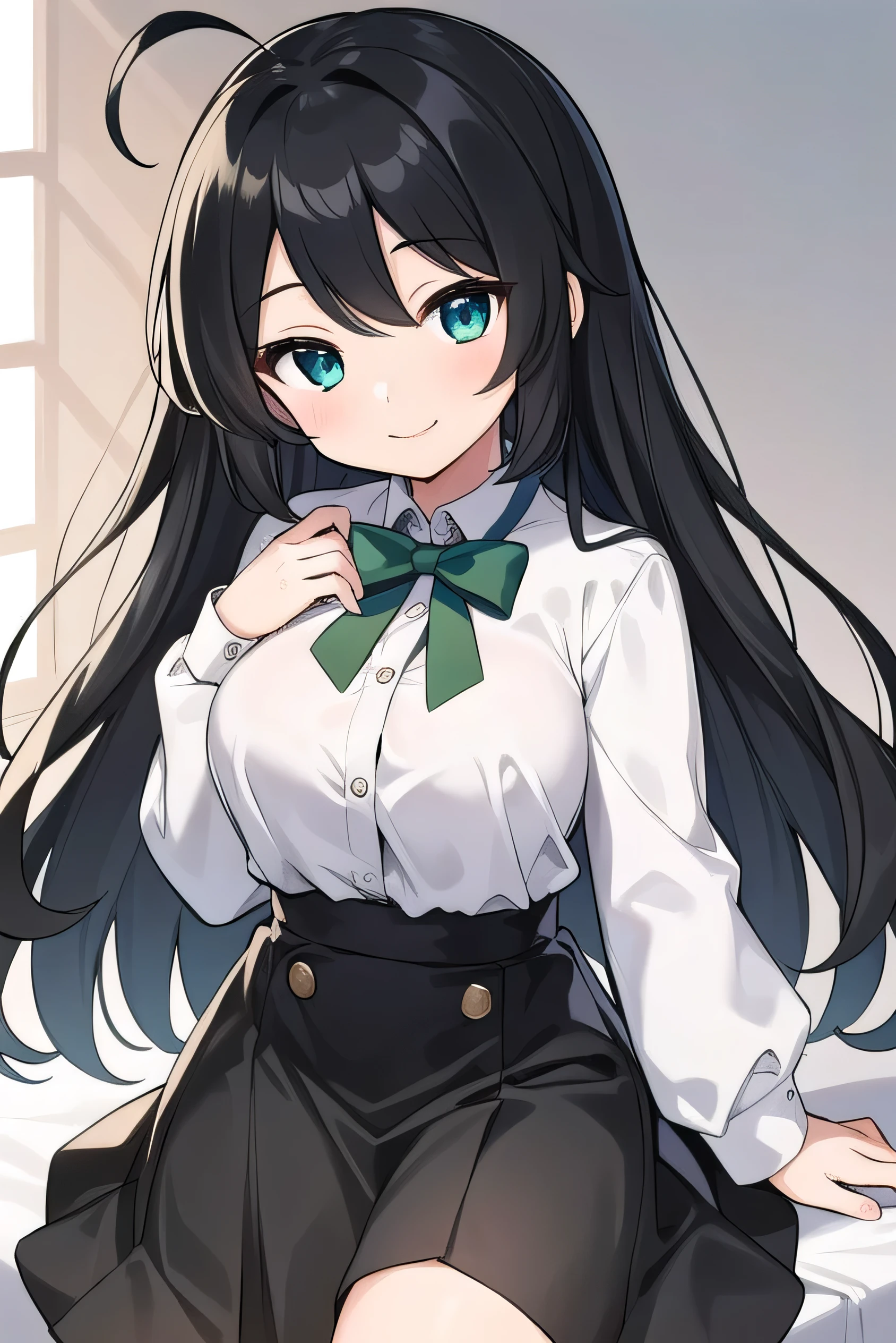 Junior high school student who looks like an elementary school student, 14 years old, very short, 140 cm tall, black hair with a slight green tinge, short ahoge, beautiful long hair but with a little hair sticking out, beautiful round eyes, blue eyes, smile, boyish, long sleeves, Thick clothes, skirt, big breasts, hair longer than waist, long hair, childish face, gentle smile, a little shy, black skirt, black hair with a slight green tinge, boyish, gentle smile, jacket one size larger, ( Deep greenish black hair: 1.3)