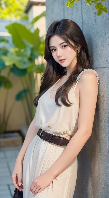 "Generate a high-quality image featuring a brunette woman with a darker hair tone, adorned in an elegant white dress cinched with a belt that accentuates her slender waist. The impeccable application of her makeup should highlight her features, contributing to an overall glamorous and sensual appearance. Carefully arrange the lighting to play with shadows and highlights, adding depth and sophistication to the composition. The woman, posing in a way that exudes feminine allure, should be the focal point, with the background artistically blurred using techniques like soft bokeh. Employ a skillful use of camera effects and a refined color palette to create an aesthetically pleasing and sensually captivating image."
