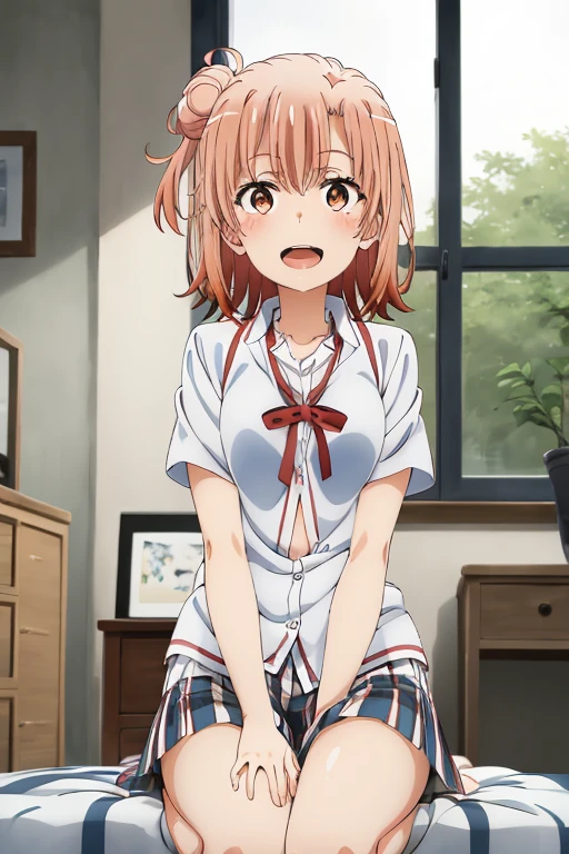 ((highest quality)), ((masterpiece)), (be familiar with), Perfect Face, indoor, Bedroom, Watching the audience,
One woman, Yuigahama Yui,
Open Mouth, Ecstatic expression, blush, smile,
Small breasts, Flat Chest, Young Girl, , , Girl,
Short Hair, Salmon-colored hair, Salmon-colored eyes, Side Pony,
Leg spread,