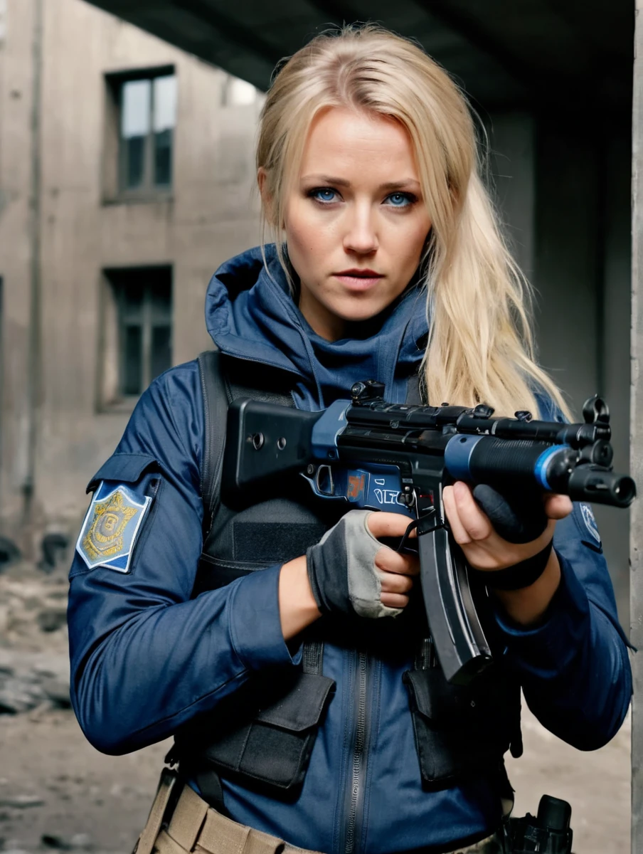 Masterpiece, Danish police 24 years old woman in post apocalyptic city, holding mp5, aiming with mp5, hkmp5 by Brandon Anschultz, ready to fire, (blonde, blue-grey eyes, runners body, extremely beautiful), 16K, ultra high res.photorealistic, UHD, DSLR, RAW, natural light