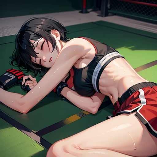 Cute Japanese high school girl with short cut black hair, wet with red liquid, lying down in MMA ring, passed out, eyes closed, mouth wide open, gasping, drooling, very sweaty, out of stamina, slender body, poor breasts, small breasts sports bra, high leg shorts, open finger gloves