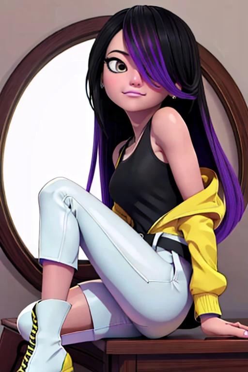 (8k, RAW photo, best quality, masterpiece:1.2), (intricate details), highres, perfect eyes, perfect face, perfect lighting, beautiful, (masterpiece:1.2), (best quality:1.2), 1girl, solo, juleka, long black hair, purple highlights, brown eyes, ((Wearing: Yellow jacket, white tank-top, black belt, white pants, yellow high-heels)), looking at the viewer, looking at the camera with an arrogant grin
