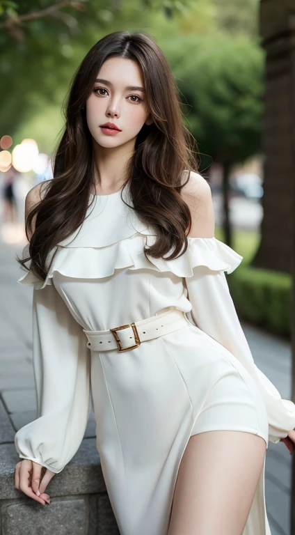 "Generate a high-quality image featuring a brunette woman with a darker hair tone, adorned in an elegant white dress cinched with a belt that accentuates her slender waist. The impeccable application of her makeup should highlight her features, contributing to an overall glamorous and sensual appearance. Carefully arrange the lighting to play with shadows and highlights, adding depth and sophistication to the composition. The woman, posing in a way that exudes feminine allure, should be the focal point, with the background artistically blurred using techniques like soft bokeh. Employ a skillful use of camera effects and a refined color palette to create an aesthetically pleasing and sensually captivating image."