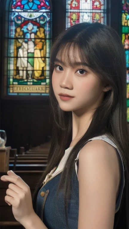 best quality, ultra high res, (photorealistic:1.4), 1girl, 18years old, beautiful girl wearing hogwart costume, (loose hair:1.2), perfect face, perfect hand, perfect finger, upper body, church background, stained glass window, cinematic lighting, night, blurry background, front view, mid shot, very detailed face