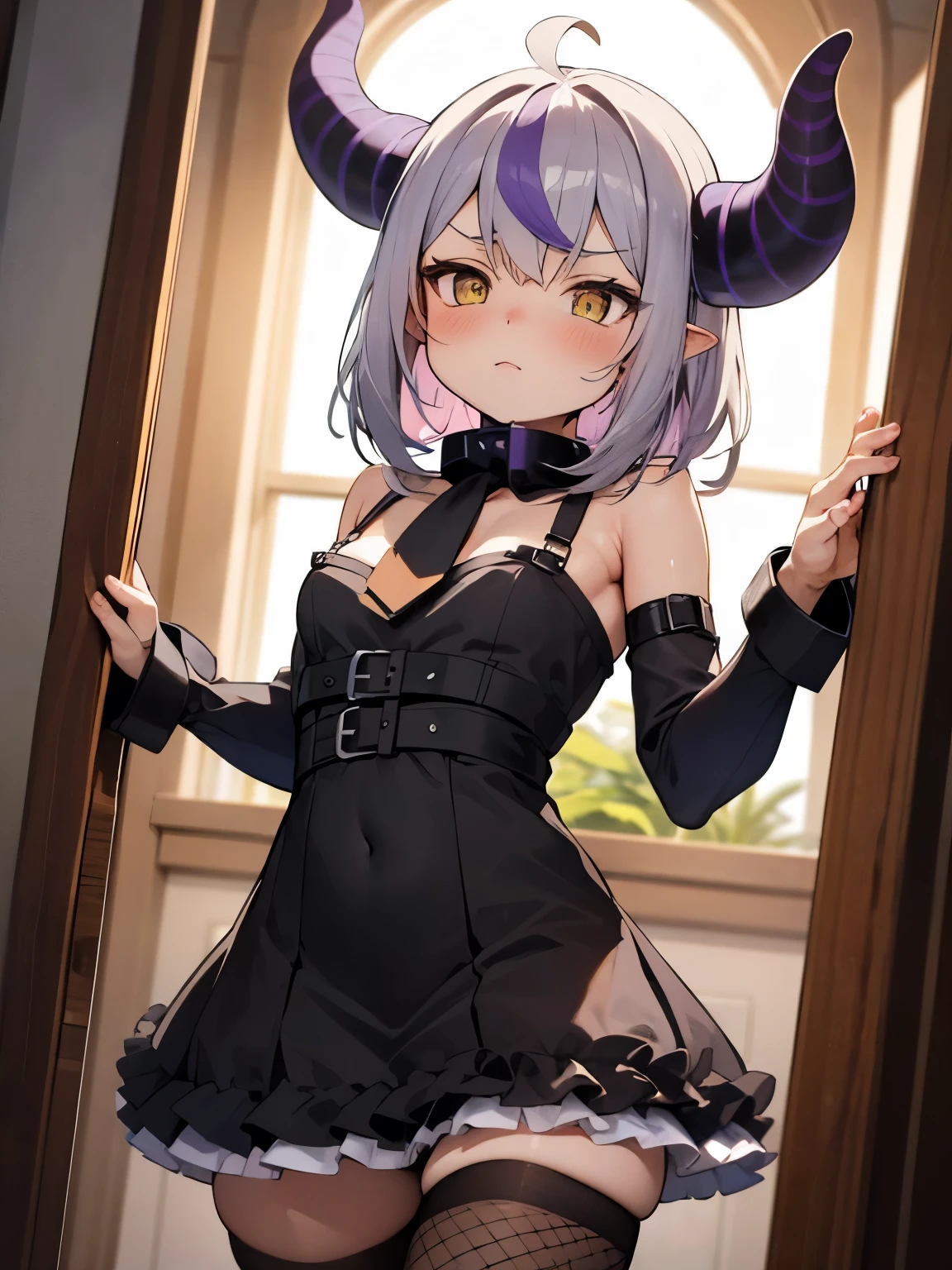 NSFW,Hololive,Laplace Darkness,Small breasts,Fantasy Dress,Frill dress,Fishnet tights,Iron Collar,In heat,A wistful look,Mansion,Fancy room,(Perfect hands),(Perfect Anatomy),(masterpiece),(highest quality),barker,lure,Alluring expression,One man,master
