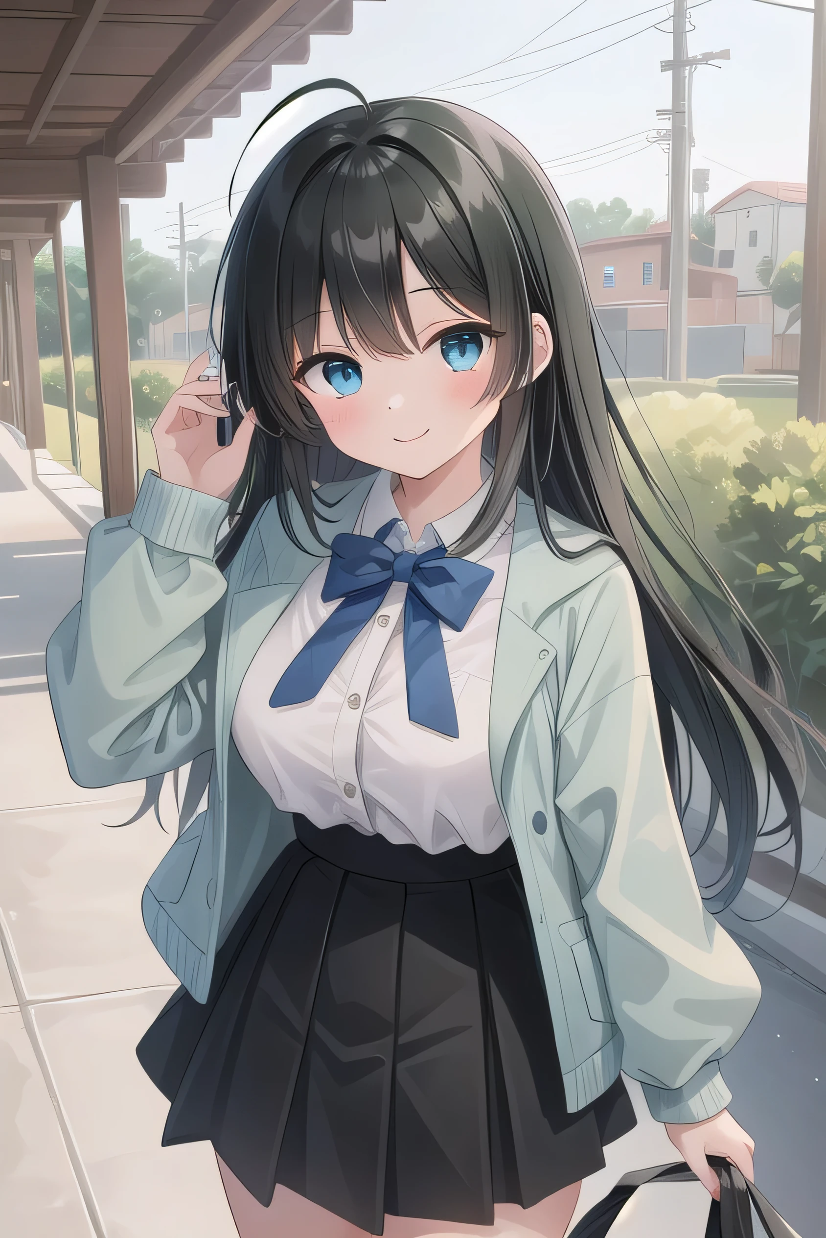 Junior high school student who looks like an elementary school student, 14 years old, very short, 140 cm tall, black hair with a slight green tinge, short ahoge, beautiful long hair but with a little hair sticking out, beautiful round eyes, blue eyes, smile, boyish, long sleeves, Thick clothes, skirt, big breasts, hair longer than waist, long hair, childish face, gentle smile, a little shy, black skirt, black hair with a slight green tinge, boyish, gentle smile, jacket one size larger, ( Deep greenish black hair: 1.3)