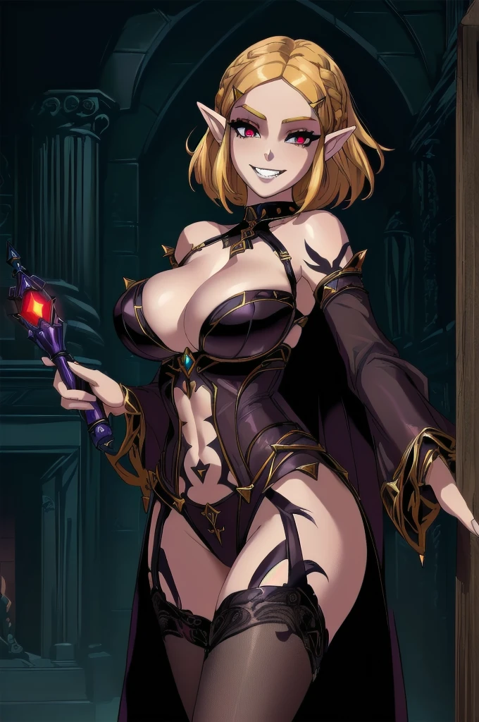 (zelda totk reimagined as a corrupted dark queen by ganon )+++, sfw++,masterpiece, best quality, high quality, illustration, film grain,(perfect female )++, beautiful detailed eyes, (symbol of evil:1.2),milf zelda, lascivious woman, (evil smile:1.1), (villain, dark heroine:1.2), (perfect female proportions:1.1), (seductive eyes:1.2), eyeliner, mascara, sexy makeup, (seductive smile:1.2), (mature woman:1.4),masterpiece, best quality, high quality, illustration, film grain, 1girl, (glowing evil red eyes), evil grin, crazy eyes, (high resolution, masterpiece, ultra best quality, insanely amazing hyper fine extremely detailed, official:1.4) dark heroine anime girl with short hair in a dark and evil place, extremely detailed artgerm, (official:1.4), dynamic composition, (solo girl:1.4), {sfw}, masterpiece, ultra-detailed, iconic attack, dominatrix, spiked collar, dark kingdom, bad end, 1girl, solo female, solo focus, mature female, standing, full body, looking at viewer, dark zelda totk, dark queen, evil, corruption, contrapposto, mind break, blond hair, (short hair:1,5), evil smile, lips, eyelashes, evil grin, dark aura, thigh_clothes, ,alternate costume, bdsm, (intricate details:1.12), (intricate details, hyperdetailed:1.15), hdr, dungeon, (at night:1.2), fireplace, warm light, dramatic light, cinematic,creepy dungeon, dark aesthetic, goth aesthetic, creepy, ominous background, dark atmosphere, death atmosphere, green and red atmosphere, evil dungeon background, gothique, faint darkness, ((red glow crotch tattoo)),